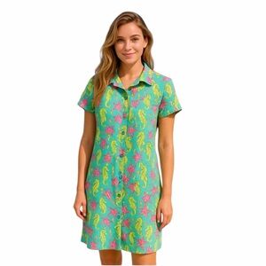Vtg Key West Womens Dress Pink Green Seahorses A-Line Empire Waist Coastal M